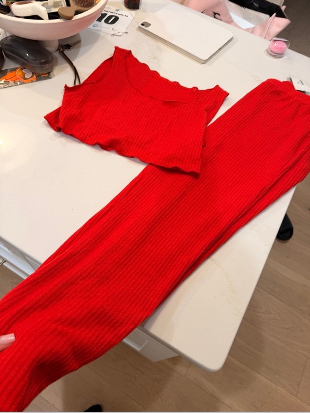 Red Ribbed Two-Piece Knit Set - Women Pants & Crop Top